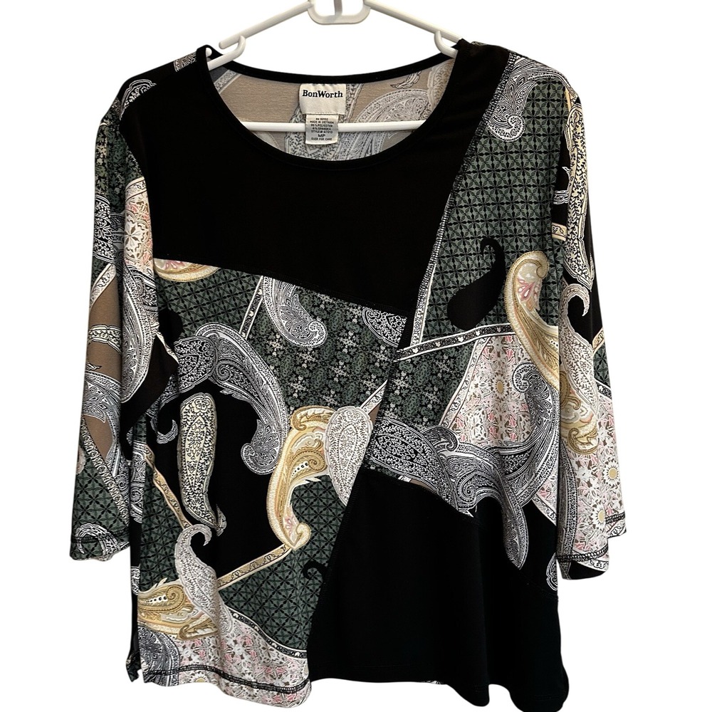 BonWorth Womens Petite Medium Paisley Patchwork 3/4 Sleeve Top Black Olive 47013